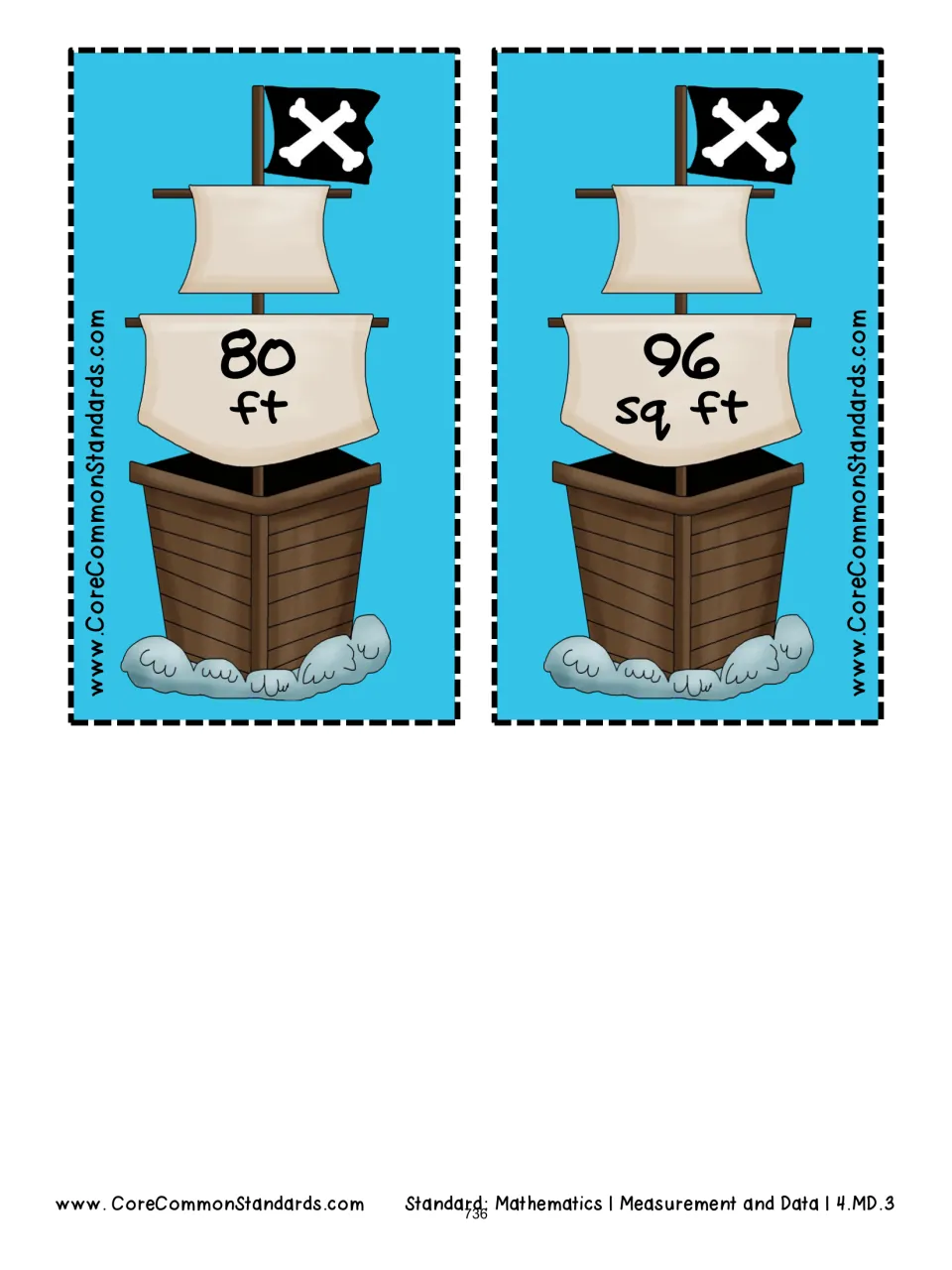 Ship answer cards 3–4 display 80 feet and 96 square feet for matching to the pirate rectangle problems