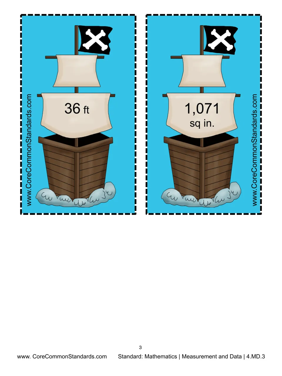 Ship answer cards 5–6 display 36 feet and 1,071 square inches for matching to the pirate rectangle problems
