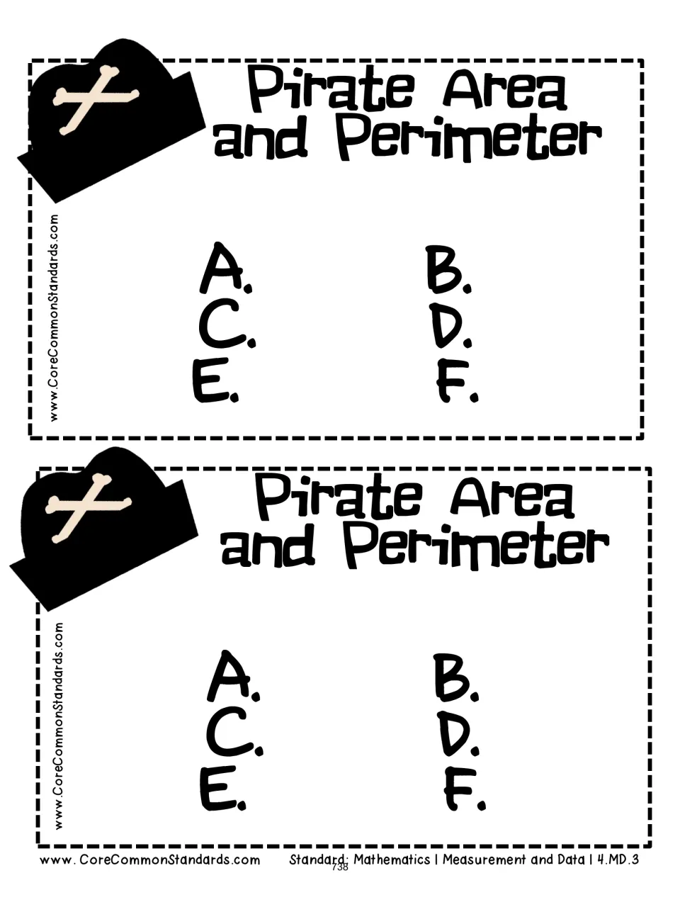 Two identical recording sheets for the pirate matching activity, each labeled A–F for the six problem answers