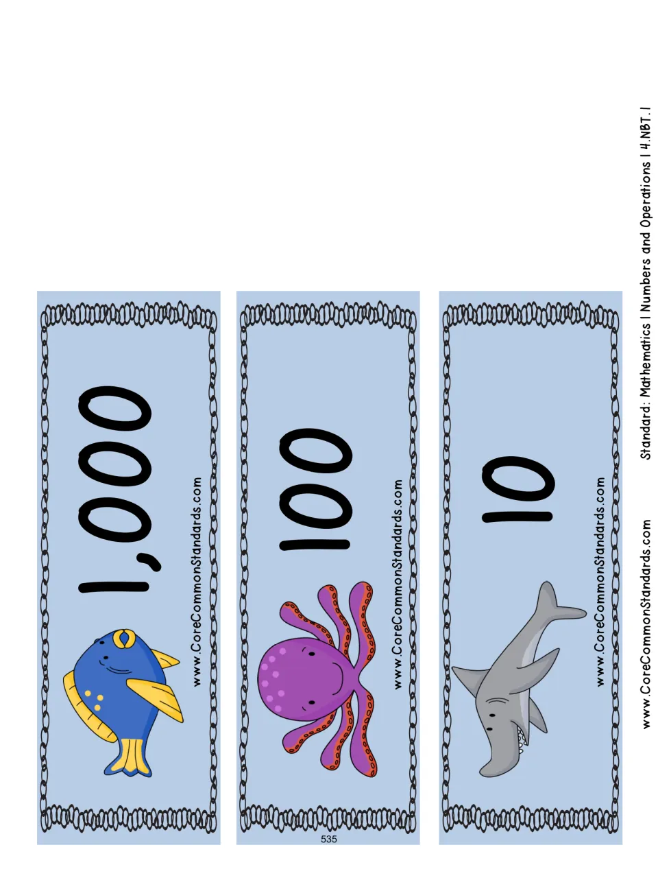 Cut-out sorting header cards labeled 1,000, 100 and 10, each with a sea animal, for placing division equation cards under