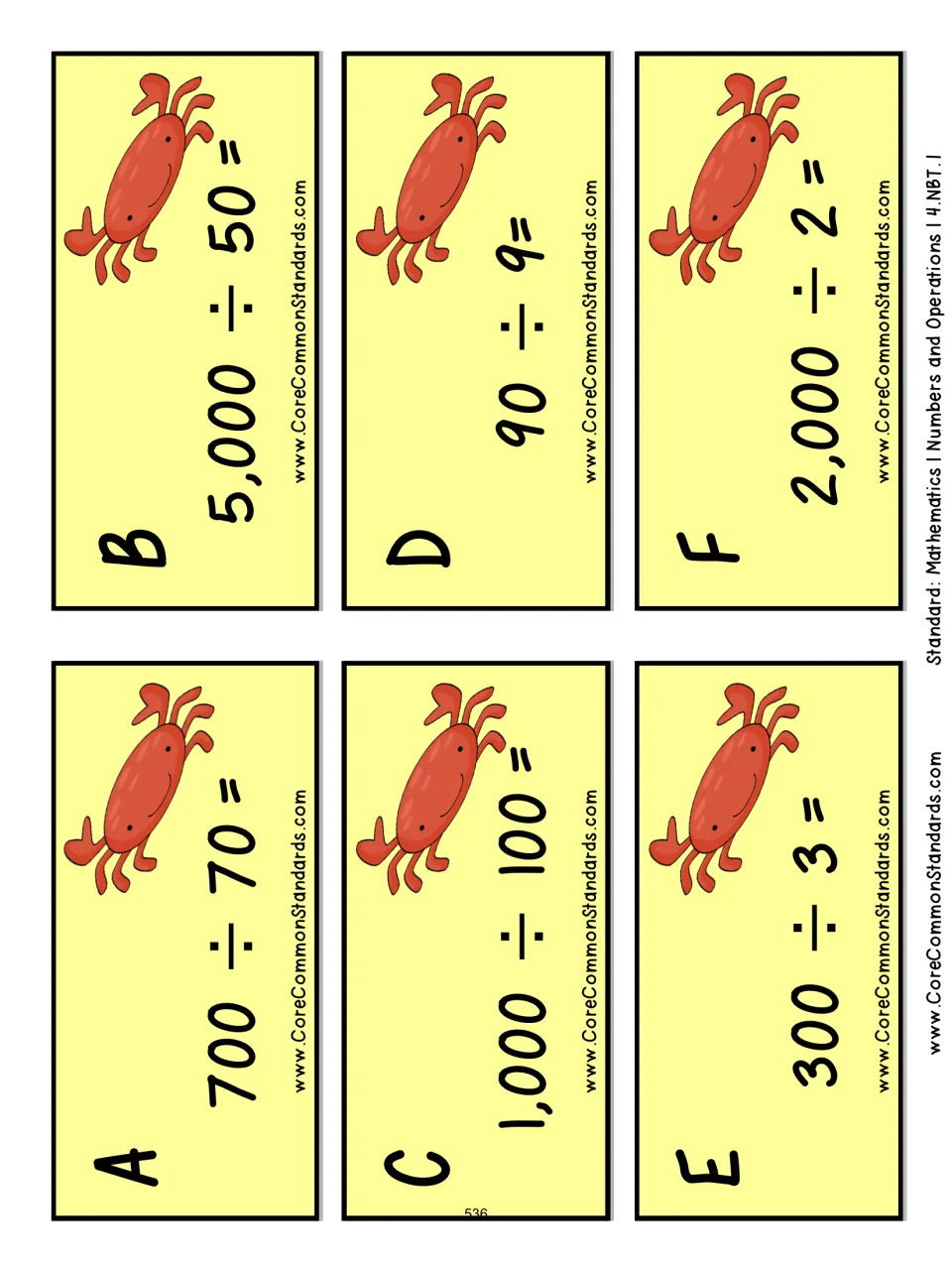 Cut-out division cards A to F with crabs: 700 ÷ 70, 5,000 ÷ 50, 1,000 ÷ 100, 90 ÷ 9, 300 ÷ 3 and 2,000 ÷ 2