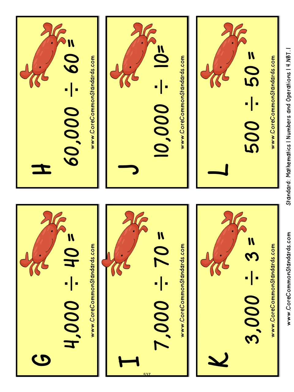 Cut-out division cards G to L with crabs: 4,000 ÷ 40, 60,000 ÷ 60, 7,000 ÷ 70, 10,000 ÷ 10, 3,000 ÷ 3 and 500 ÷ 50