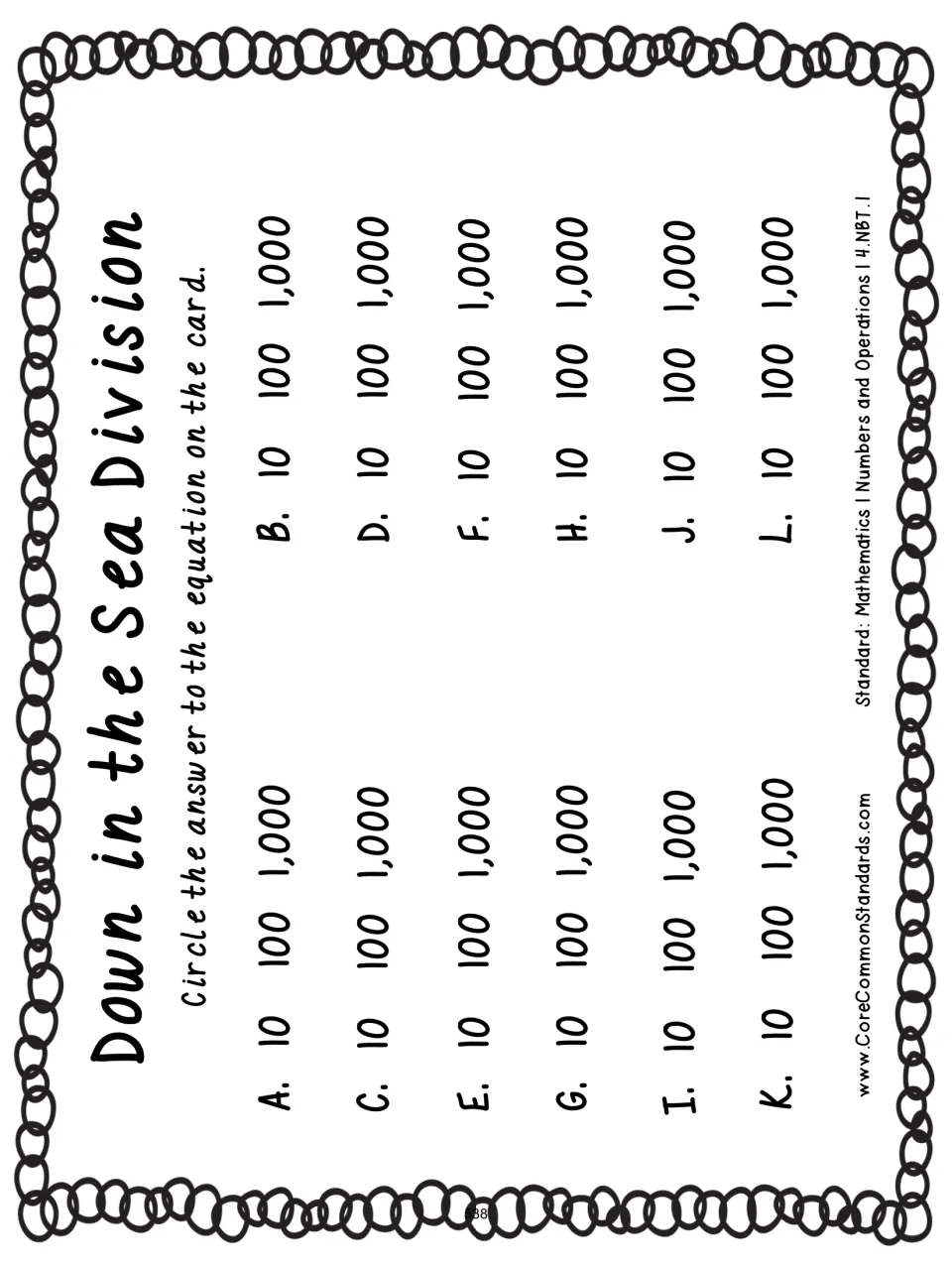 Down in the Sea Division recording sheet: students circle 10, 100 or 1,000 as the answer for each lettered card A to L
