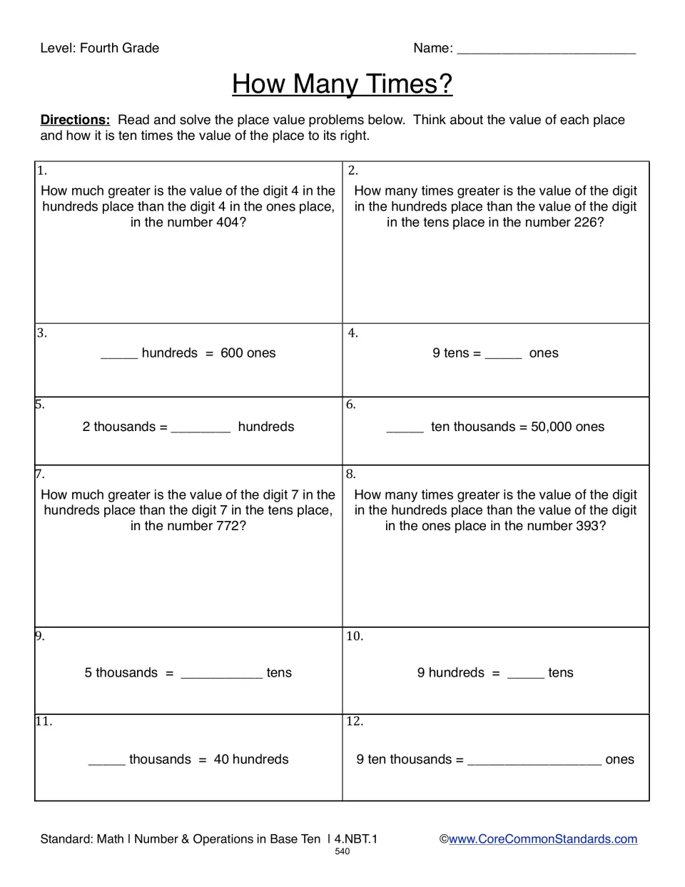 How Many Times? place value problems: students compare digit values and fill in conversions like 9 tens = ___ ones