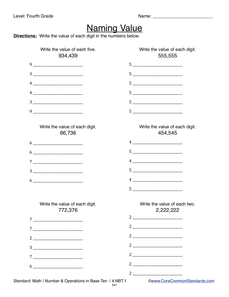 Naming Value: students write the value of each digit in 934,439, 555,555, 66,736, 454,545, 772,376 and 2,222,222