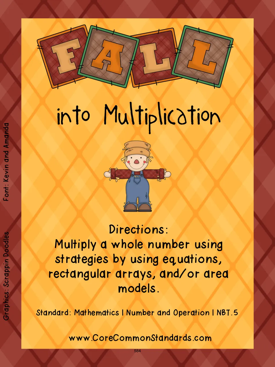 Fall into Multiplication task card cover: scarecrow and directions to multiply using equations, arrays or area models