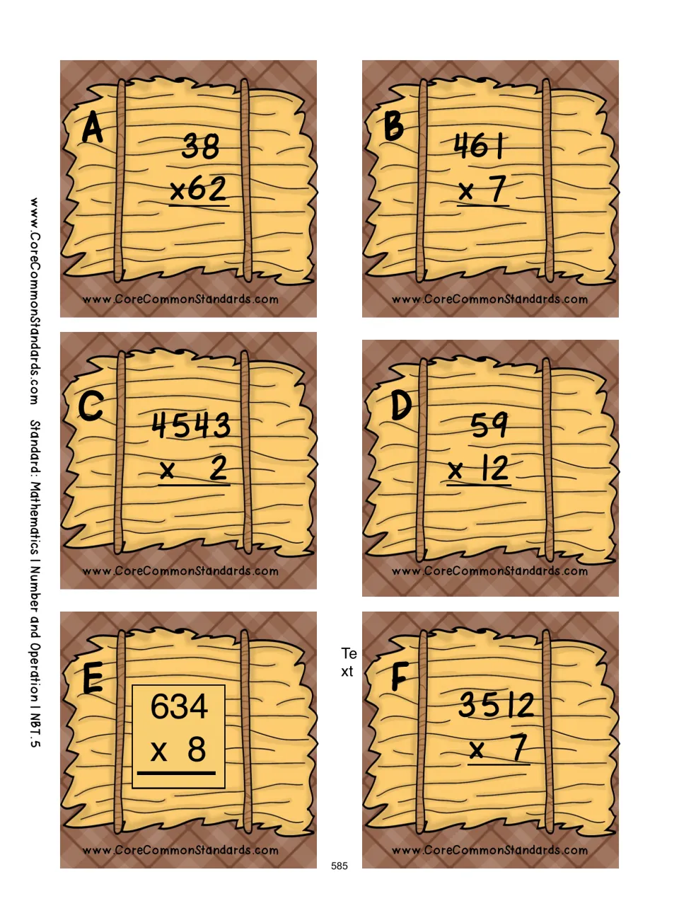 Hay bale task cards A–F: students multiply problems such as 38 x 62, 461 x 7, 4543 x 2, 59 x 12 and 634 x 8