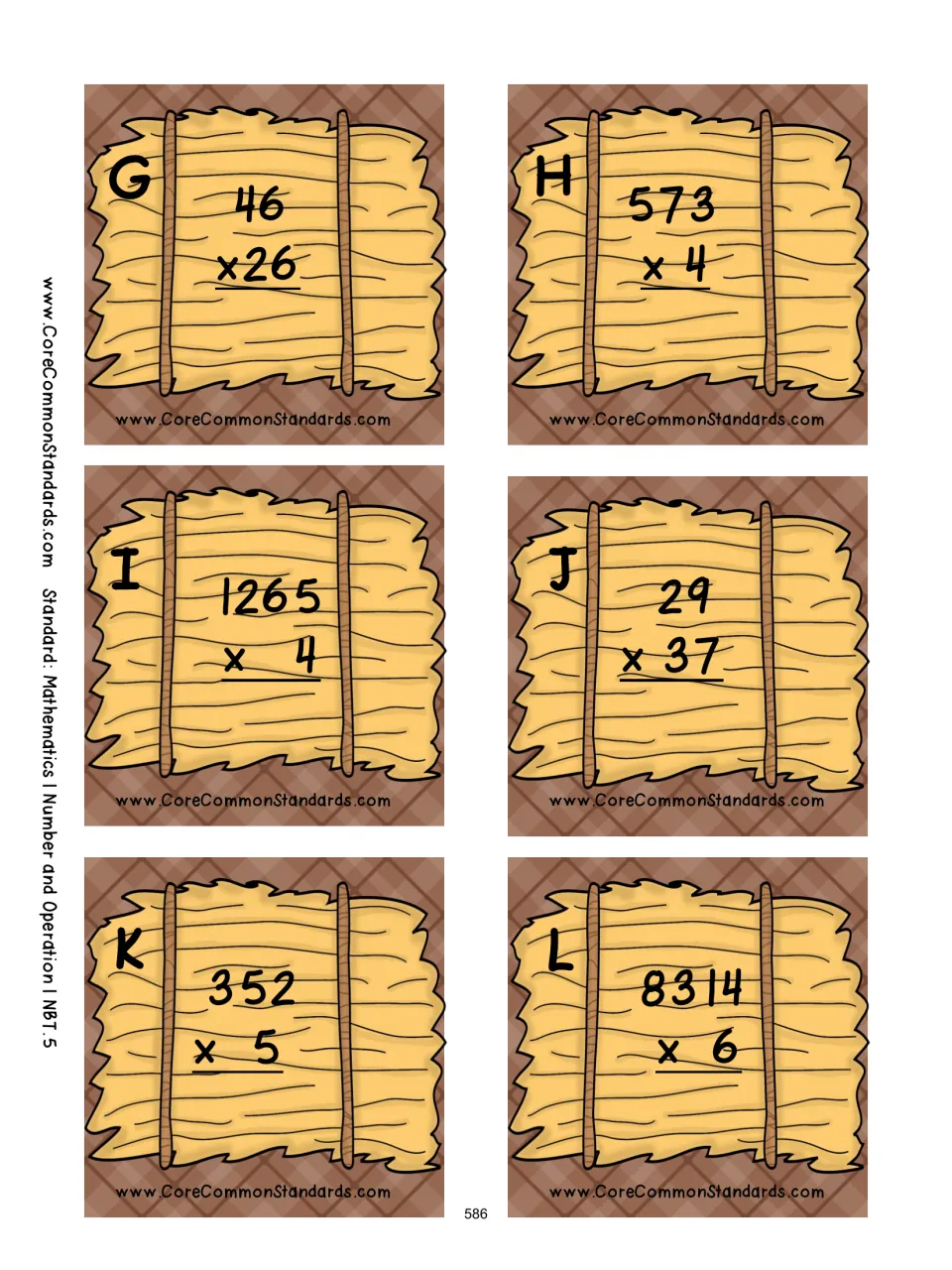 Hay bale task cards G–L: students multiply 46 x 26, 573 x 4, 1265 x 4, 29 x 37, 352 x 5 and 8314 x 6