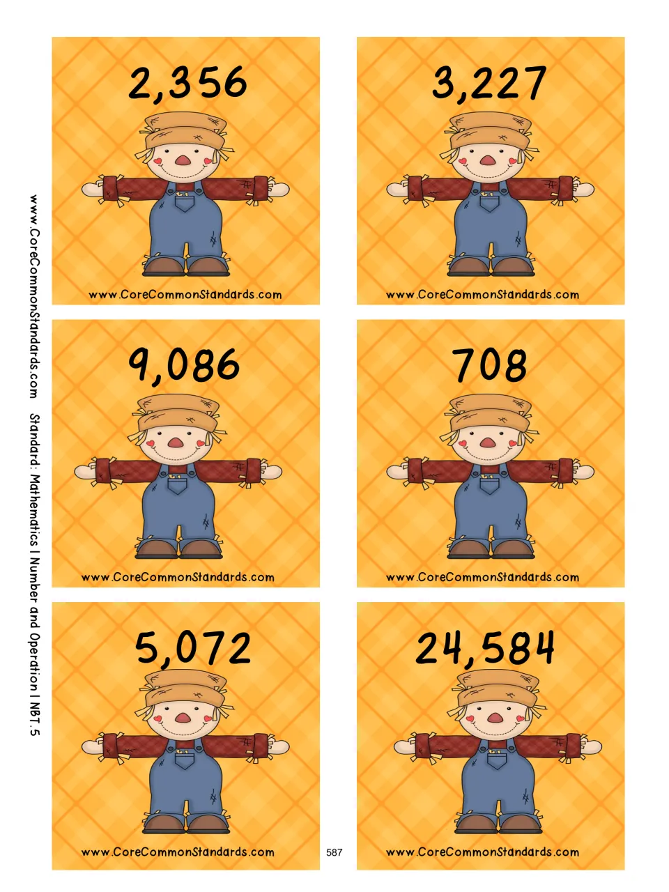 Scarecrow cards showing products 2,356, 3,227, 9,086, 708, 5,072 and 24,584 for multiplication cards A–F