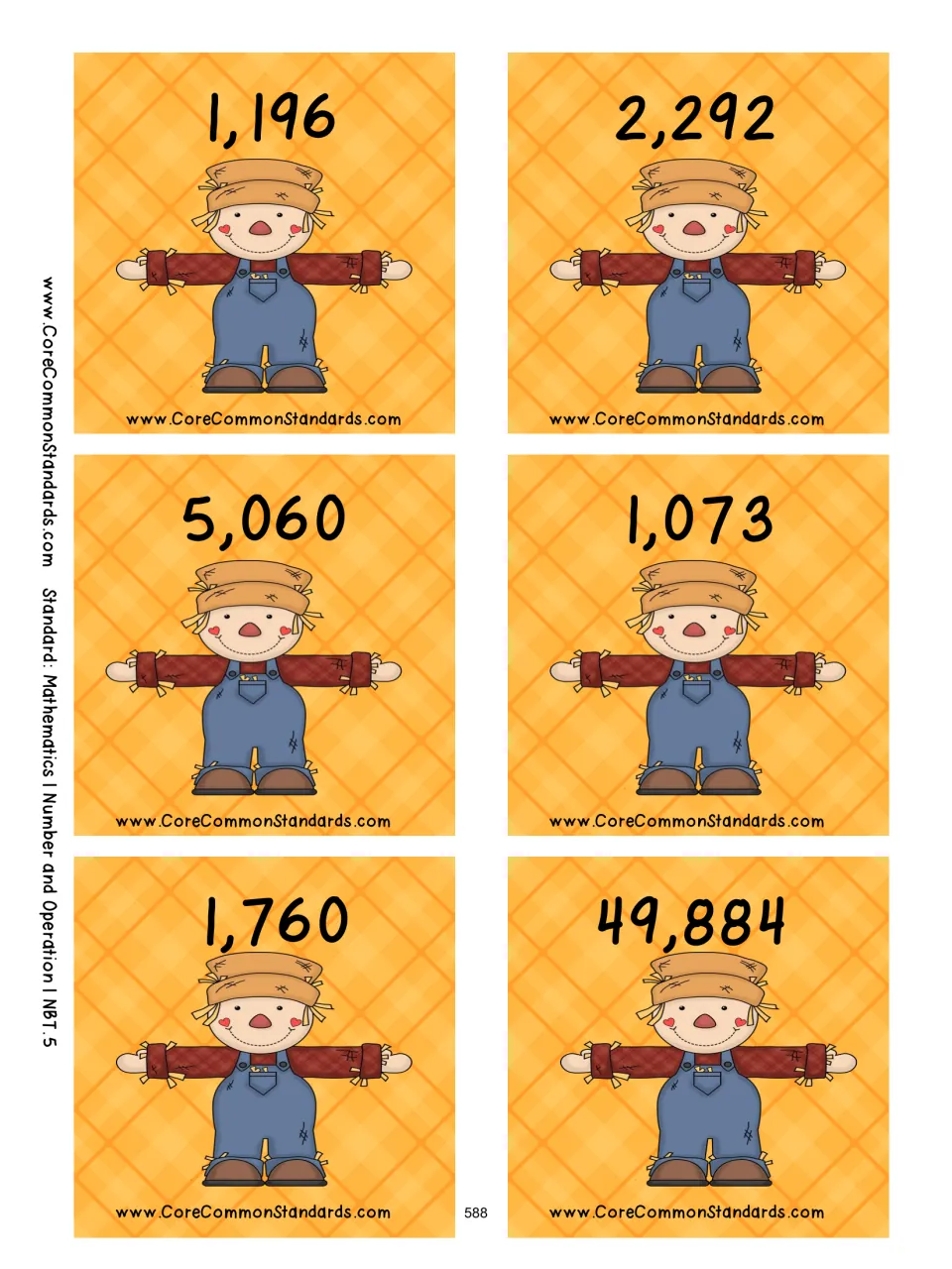 Scarecrow cards showing products 1,196, 2,292, 5,060, 1,073, 1,760 and 49,884 for multiplication cards G–L