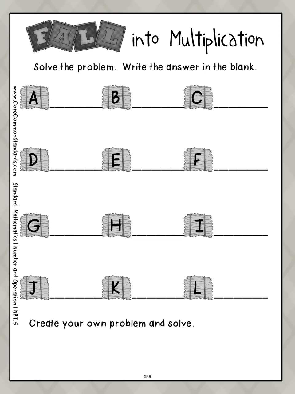 Fall into Multiplication recording sheet: students write answers for cards A–L, then create and solve their own problem