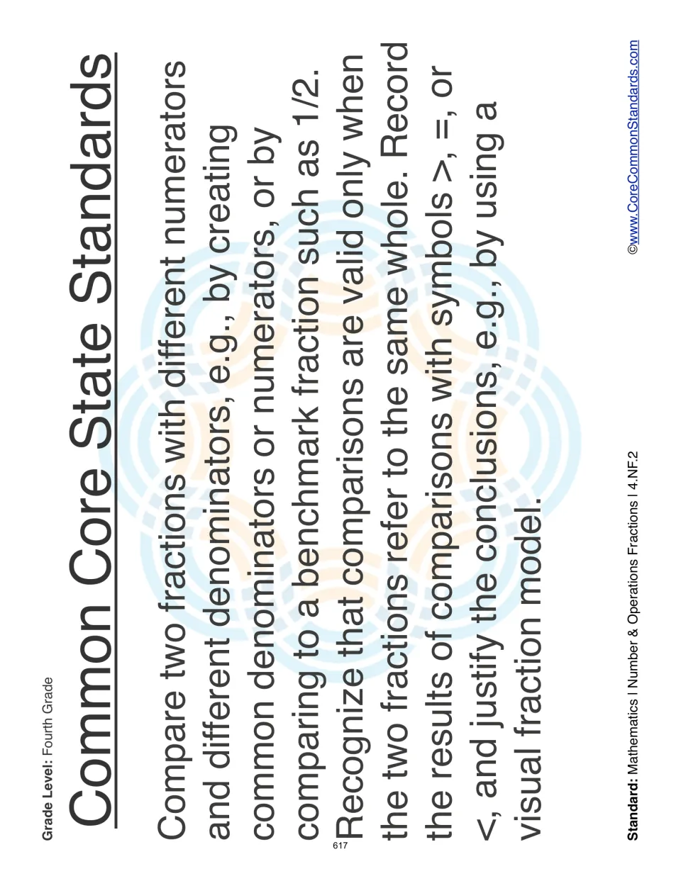 Standards page explains comparing fractions using common denominators, common numerators, or the benchmark 1/2