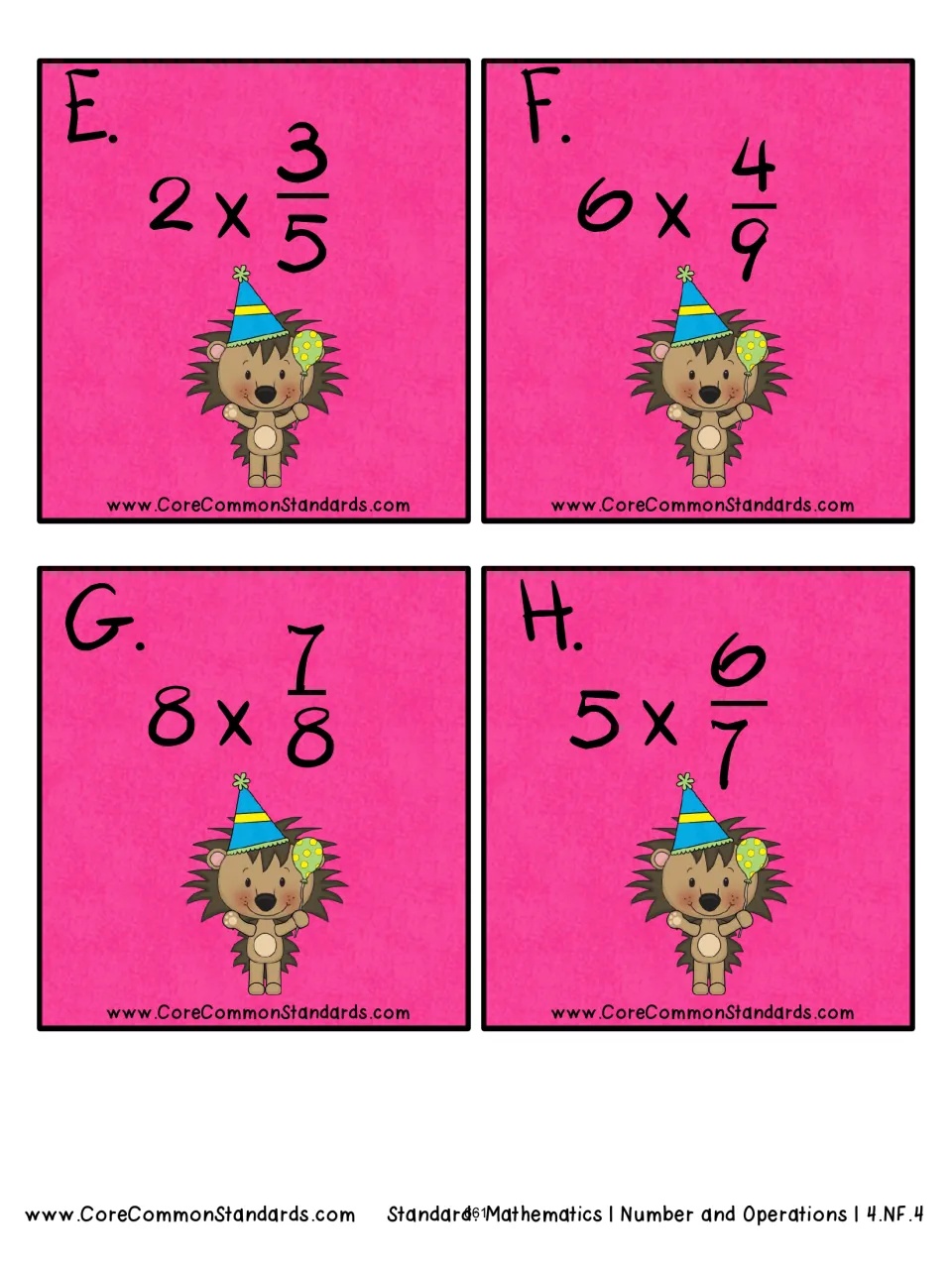 Fraction multiplication cards E–H of 12: E, 2 × 3/5; F, 6 × 4/9; G, 8 × 7/8; and H, 5 × 6/7