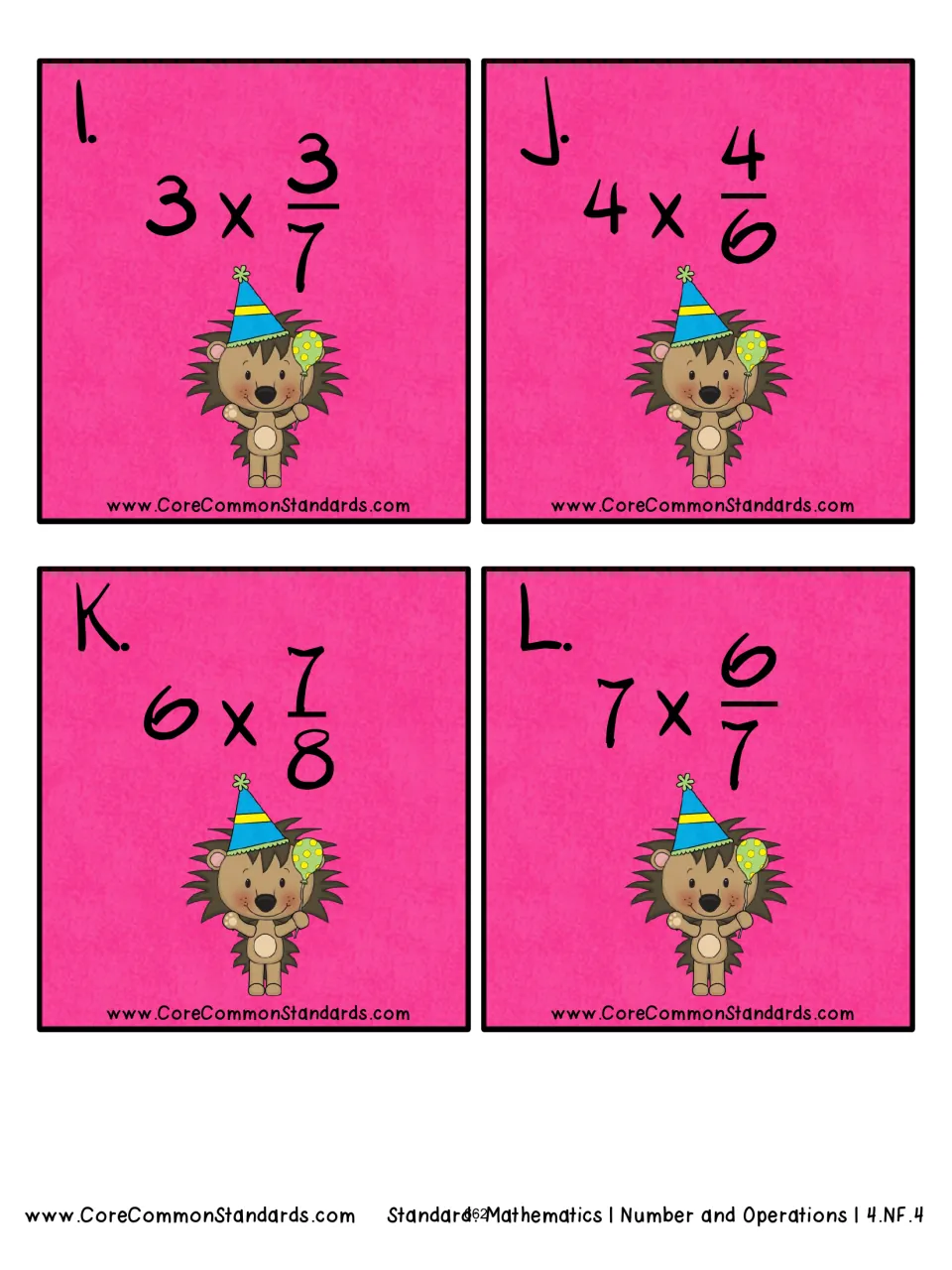 Fraction multiplication cards I–L of 12: I, 3 × 3/7; J, 4 × 4/6; K, 6 × 7/8; and L, 7 × 6/7