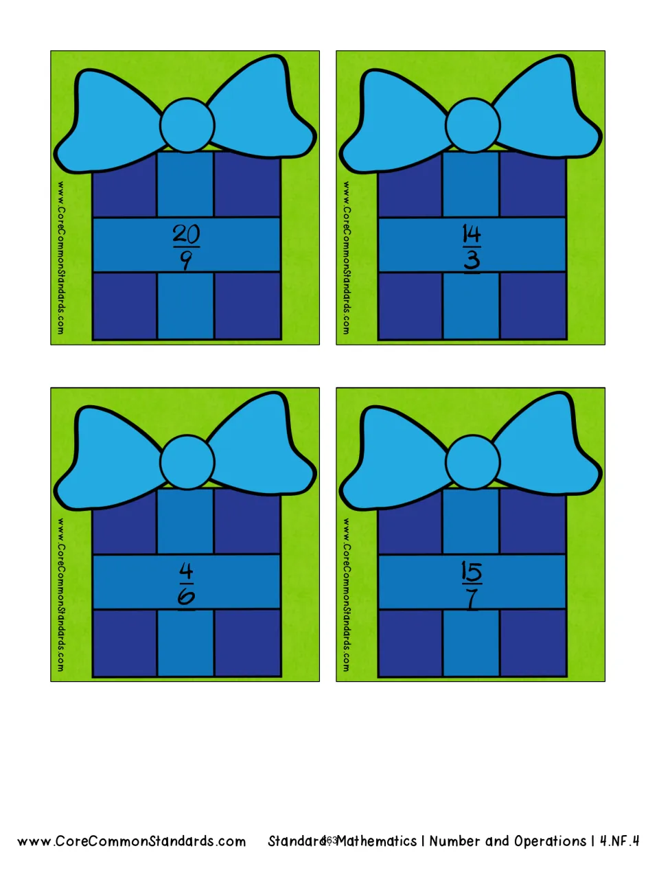 Matching answer cards 1–4 of 12 show 20/9, 14/3, 4/6, and 15/7 for the fraction multiplication activity