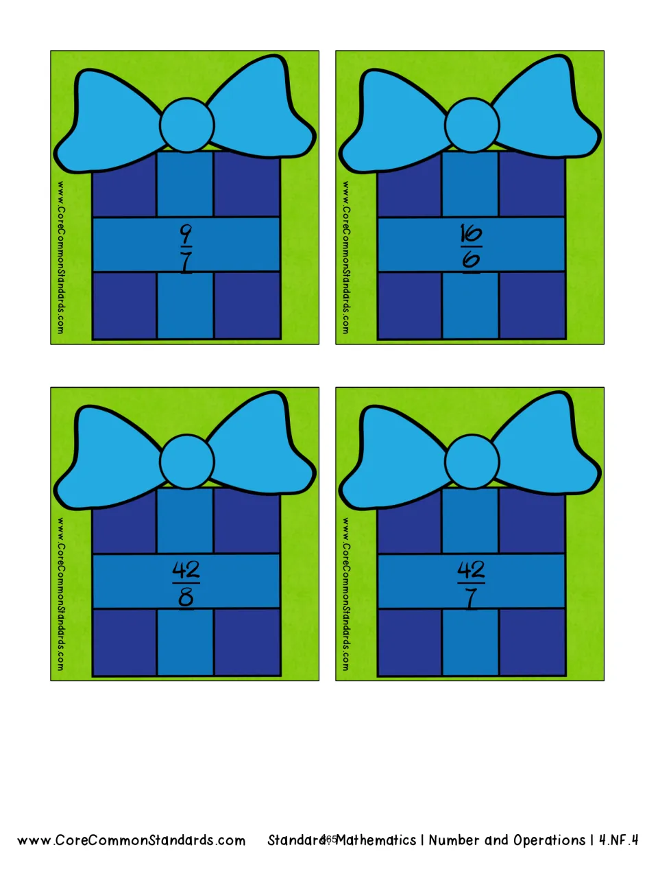 Matching answer cards 9–12 of 12 show 9/7, 16/6, 42/8, and 42/7 for the fraction multiplication activity