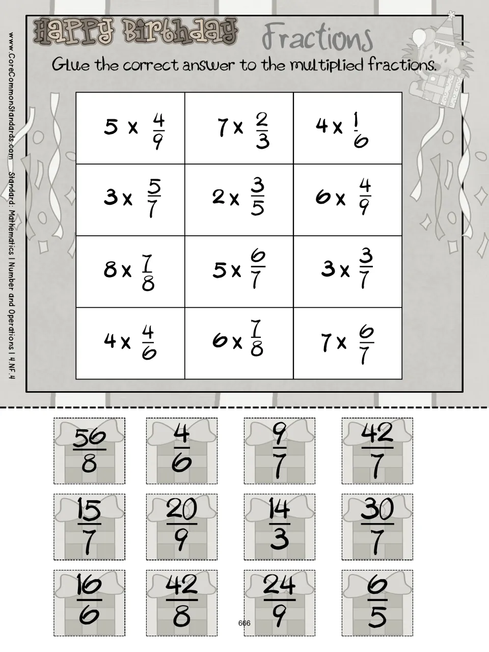 Cut-and-paste practice repeats all 12 fraction multiplication problems with answer pieces to cut out and glue