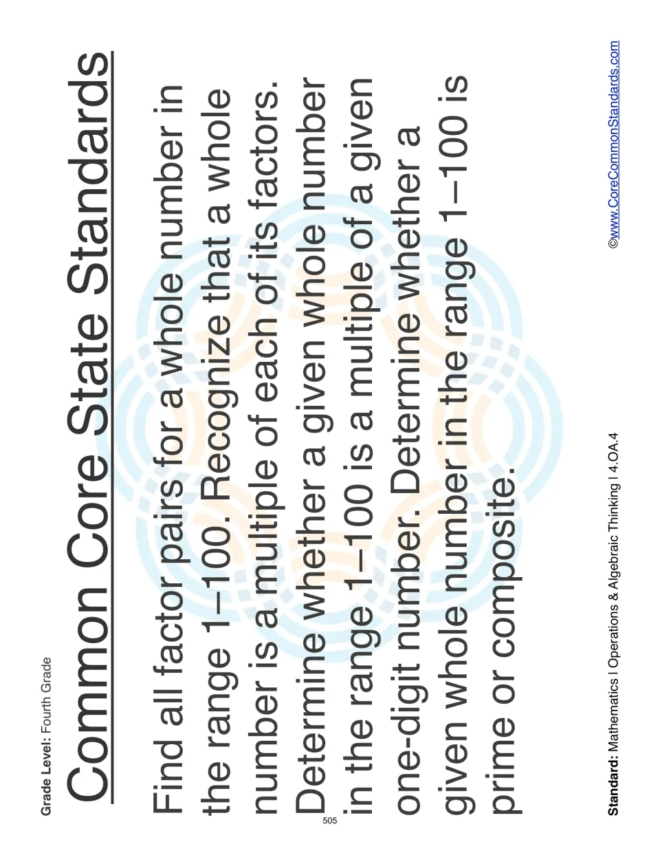 Standards page for 4.OA.4 covering factor pairs, multiples, and identifying prime or composite numbers