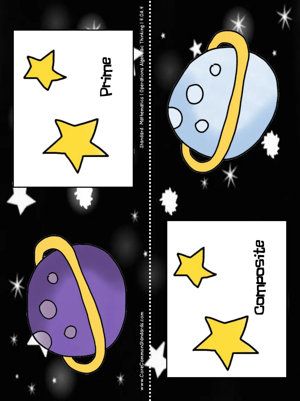 Two planet sorting labels marked Prime and Composite for matching the activity's spaceship number cards