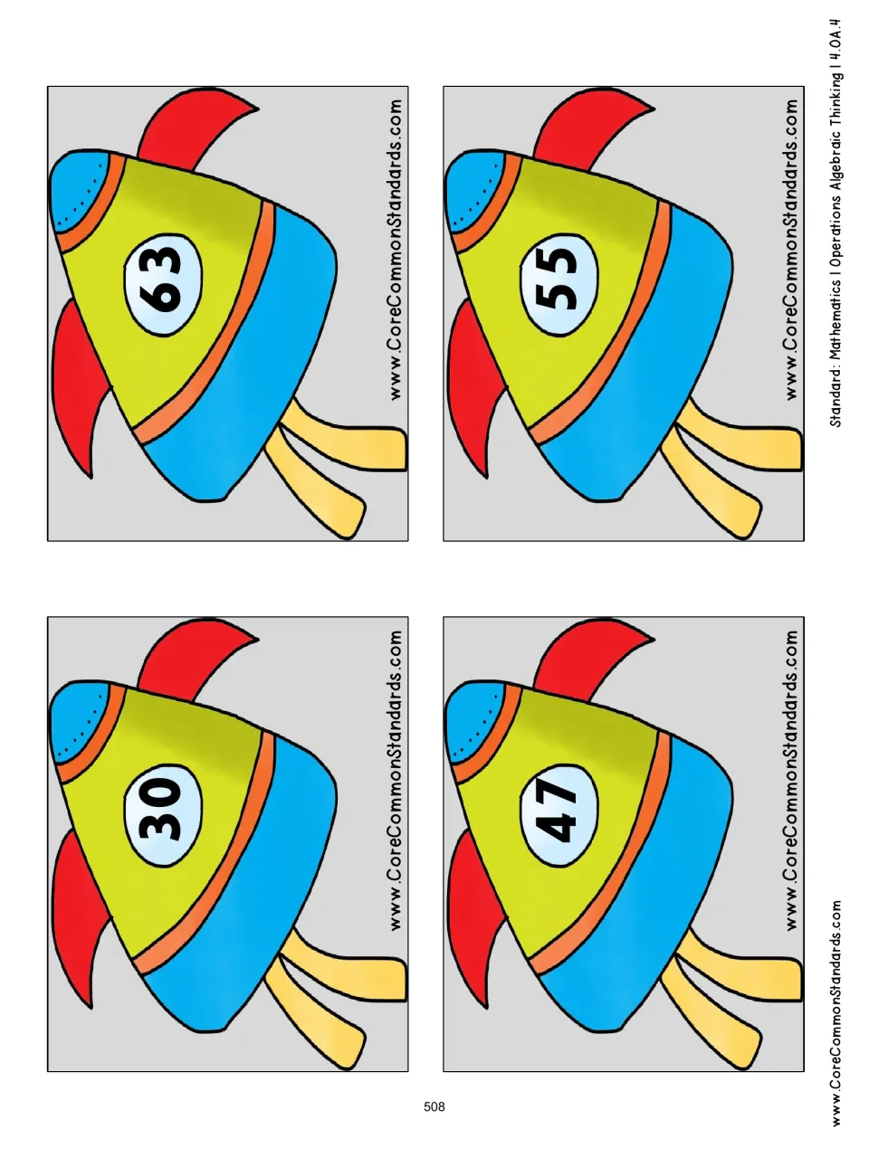 Spaceship number cards 1–4 of the 20-card sorting set: 30, 63, 47, and 55 to classify as prime or composite