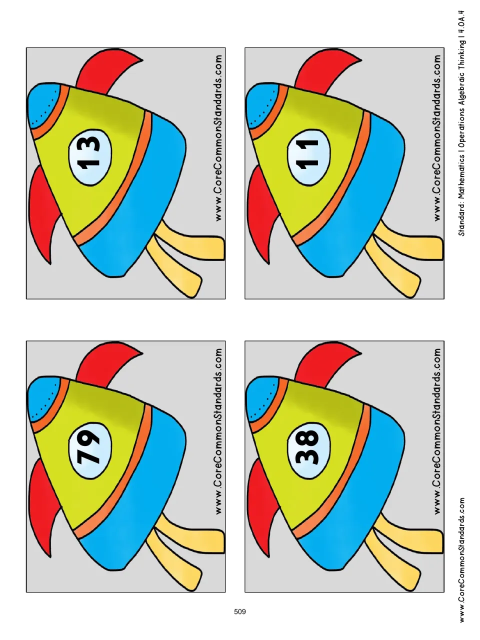 Spaceship number cards 5–8 of the 20-card sorting set: 79, 13, 38, and 11 to classify as prime or composite