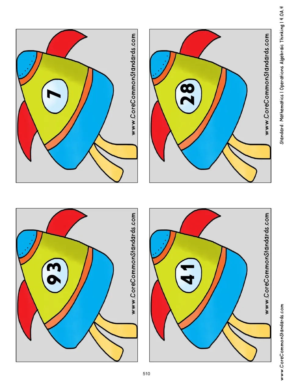 Spaceship number cards 9–12 of the 20-card sorting set: 93, 7, 41, and 28 to classify as prime or composite
