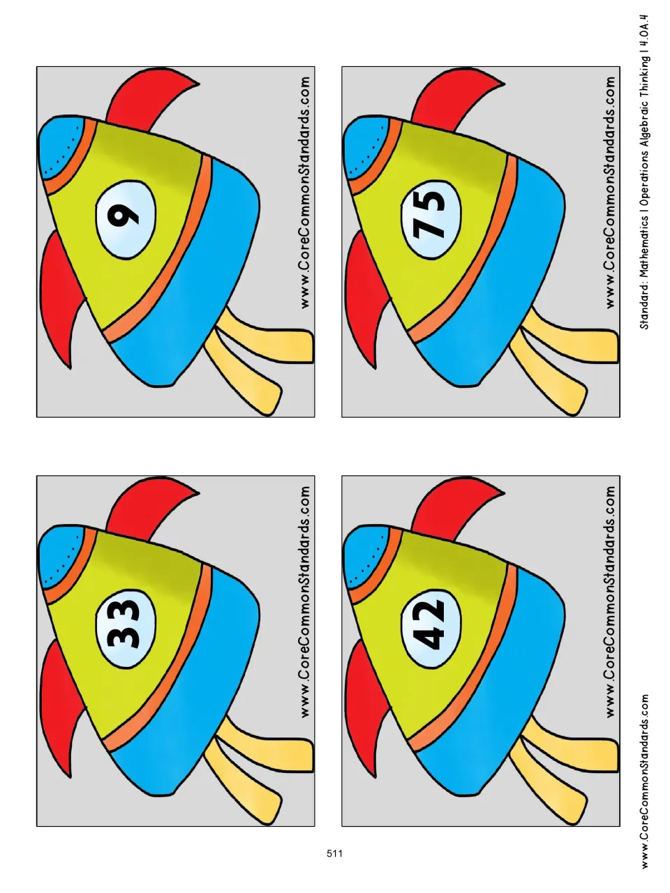 Spaceship number cards 13–16 of the 20-card sorting set: 33, 9, 42, and 75 to classify as prime or composite