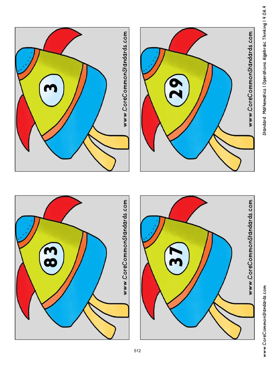Spaceship number cards 17–20 of the 20-card sorting set: 83, 3, 37, and 29 to classify as prime or composite
