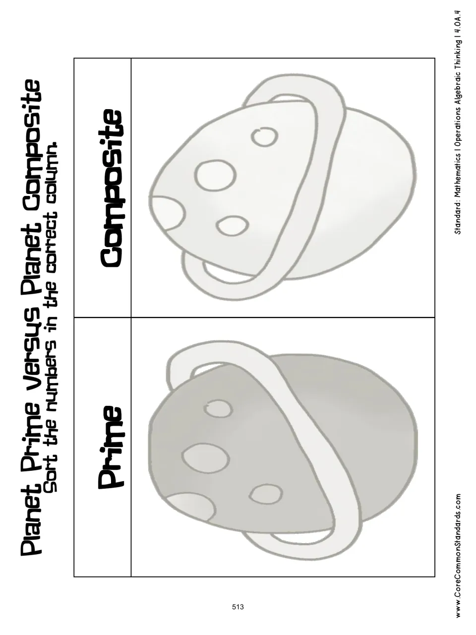 Recording sheet for sorting the spaceship numbers under Prime or Composite, with a planet for each category
