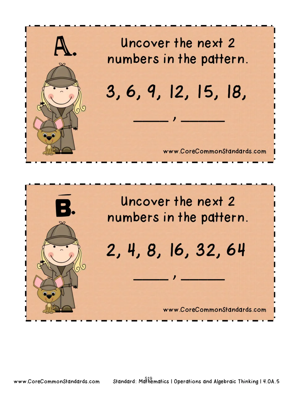 Pattern cards A–B ask for the next two numbers in the sequences 3, 6, 9, 12, 15, 18 and 2, 4, 8, 16, 32, 64