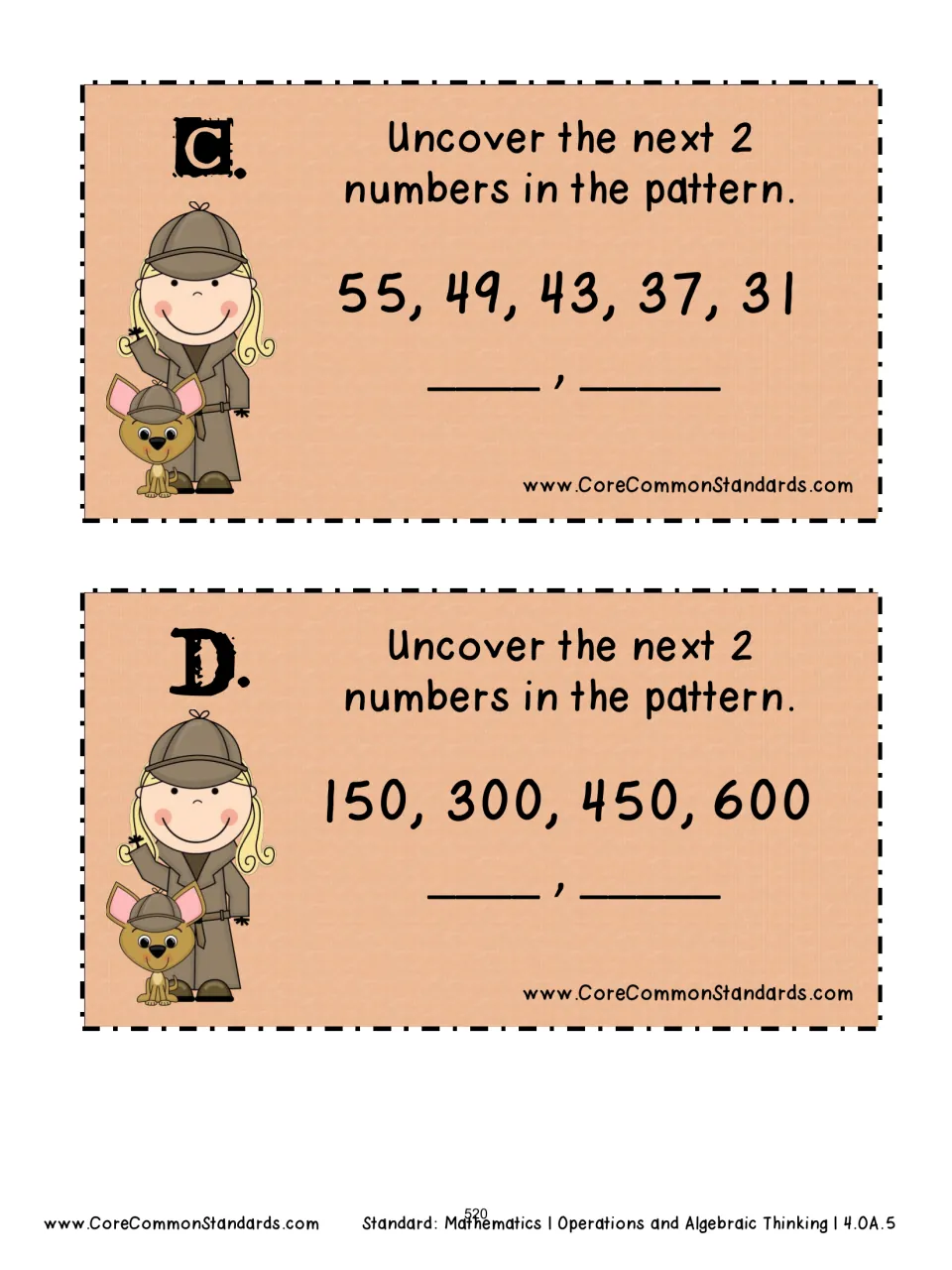 Pattern cards C–D ask for the next two numbers in the sequences 55, 49, 43, 37, 31 and 150, 300, 450, 600