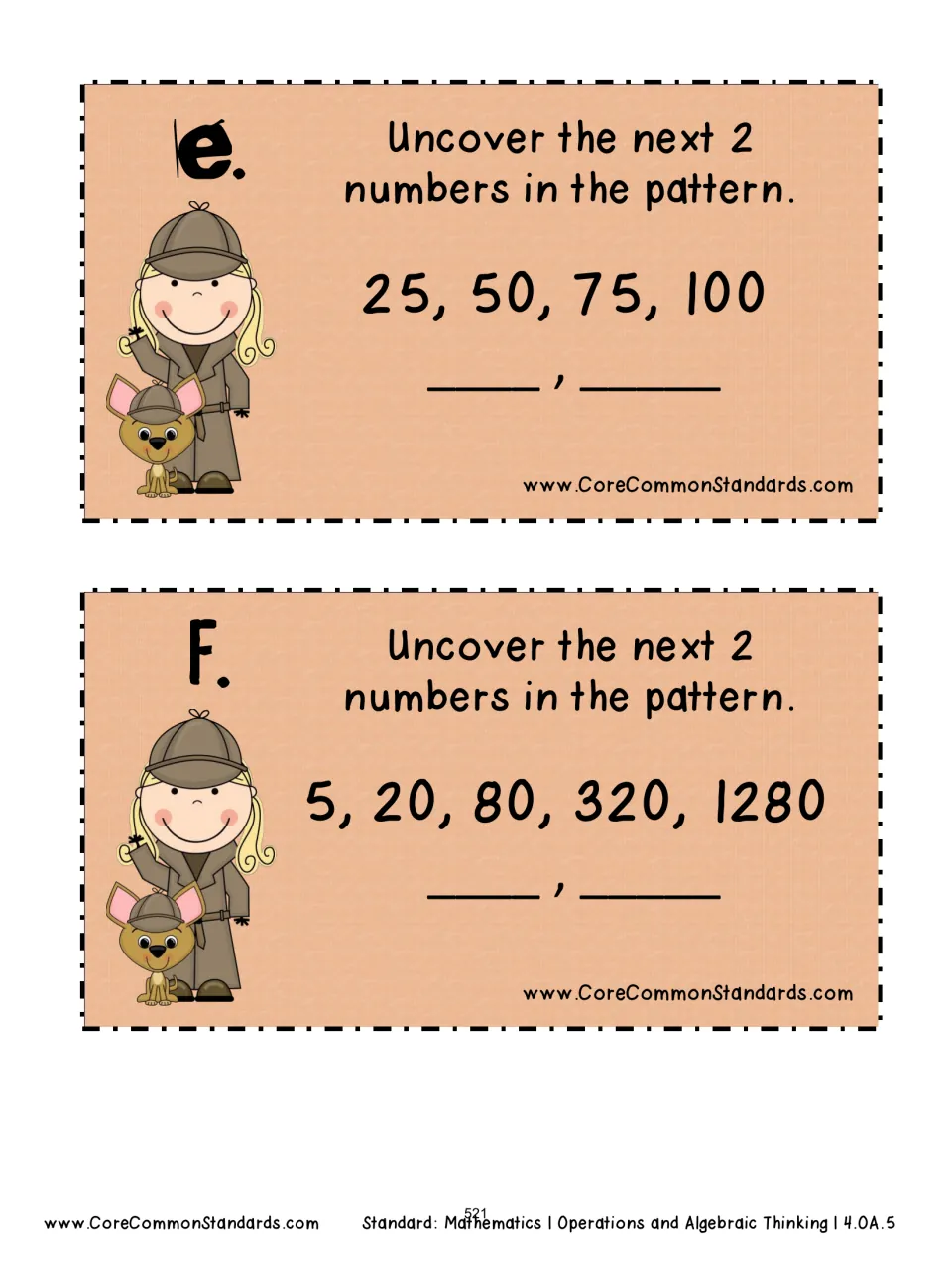 Pattern cards E–F ask for the next two numbers in the sequences 25, 50, 75, 100 and 5, 20, 80, 320, 1280