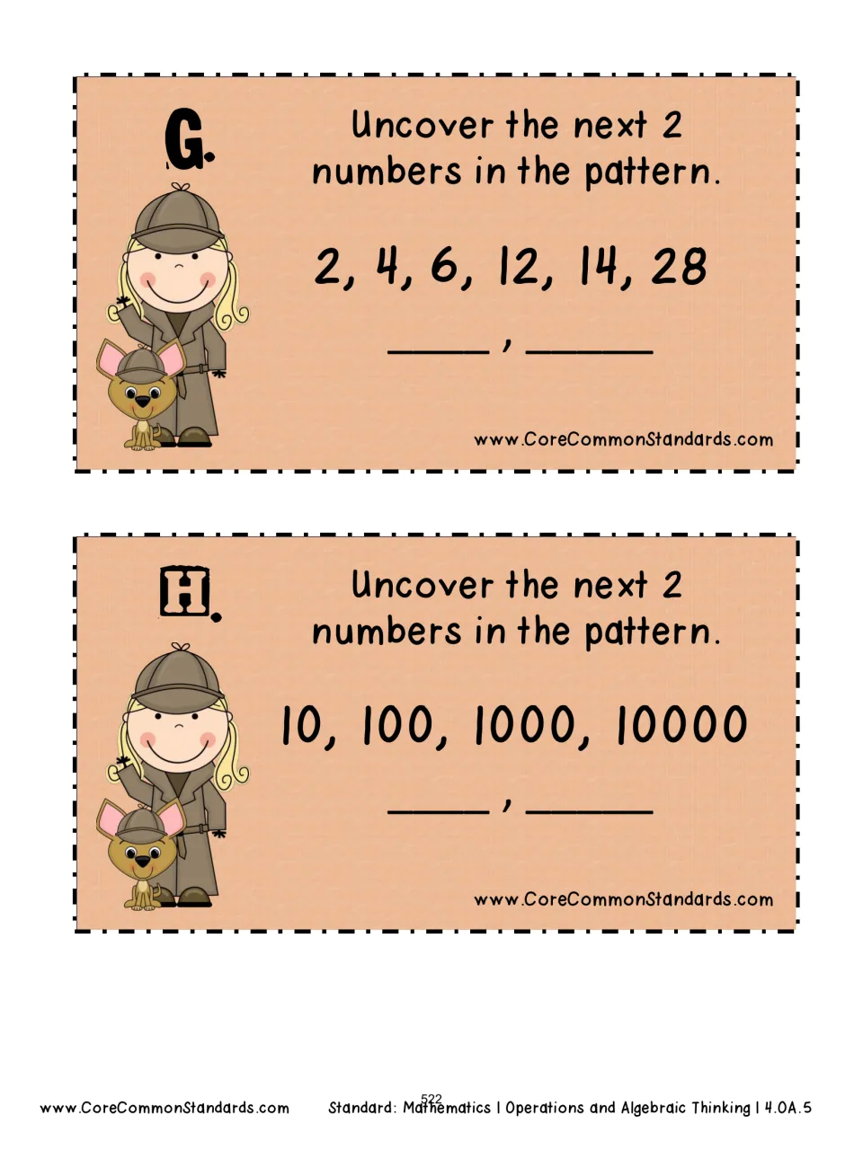 Pattern cards G–H ask for the next two numbers in the sequences 2, 4, 6, 12, 14, 28 and 10, 100, 1000, 10000