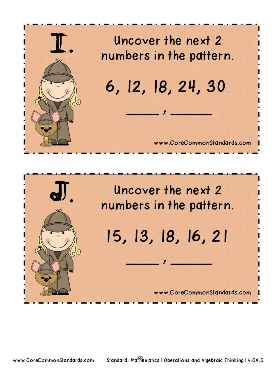 Pattern cards I–J ask for the next two numbers in the sequences 6, 12, 18, 24, 30 and 15, 13, 18, 16, 21