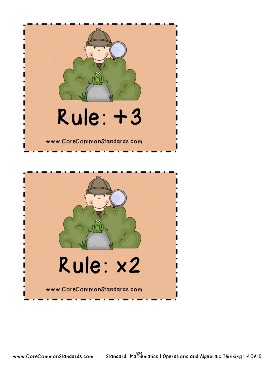 Two rule cards for the number pattern activity show Rule: +3 and Rule: ×2 for adding 3 and multiplying by 2