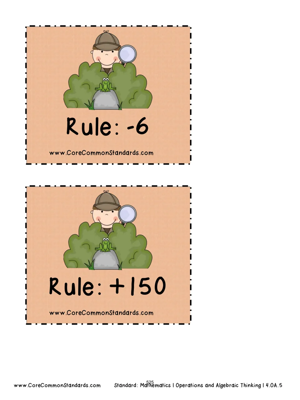Two rule cards for the number pattern activity show Rule: -6 and Rule: +150 for subtracting 6 and adding 150