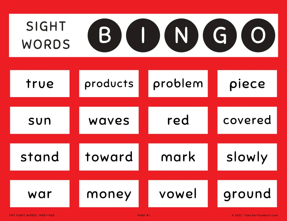 Fry sight words #301-400 bingo, card 1: students find and mark called words like true, products, waves and ground
