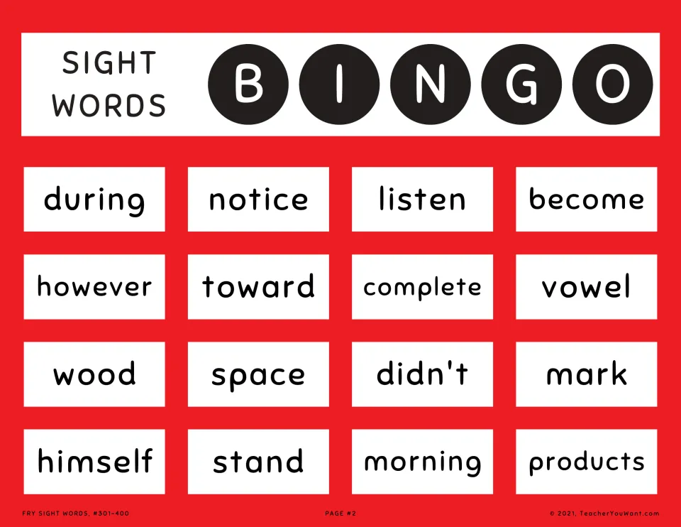Sight word bingo card 2 on red: students spot and cover called words such as during, notice, however and himself