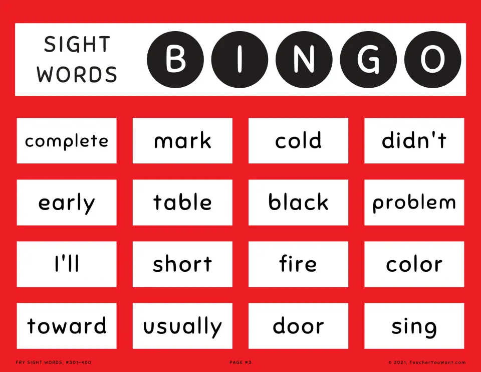 Sight word bingo card 3: students listen and mark words read aloud, including complete, early, I'll and usually