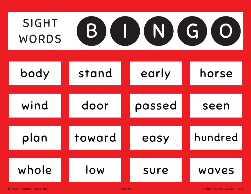 Sight word bingo card 4: students recognise called words and cover them, such as body, horse, hundred and whole
