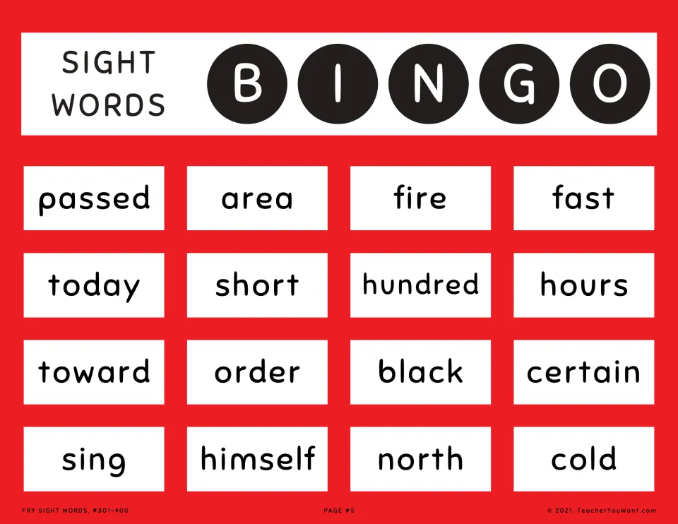 Sight word bingo card 5: students match spoken words to printed ones like passed, today, certain and north