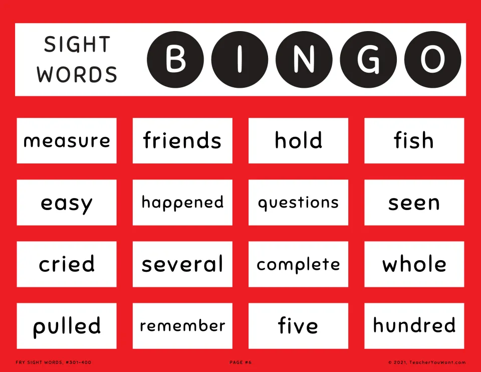 Sight word bingo card 6: students read and mark longer words such as measure, happened, questions and remember