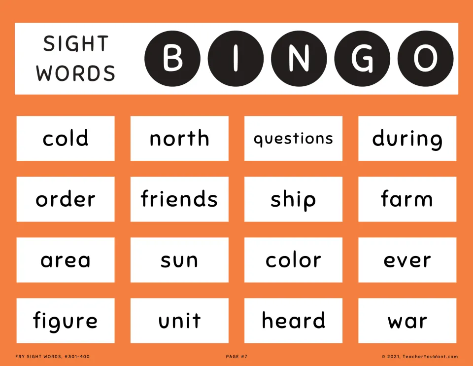 Orange sight word bingo card 7: students cover called words including cold, figure, friends, farm and heard