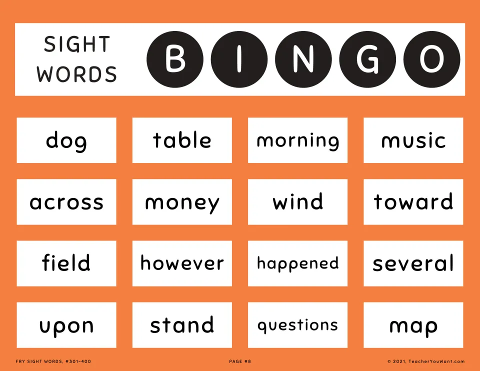Orange sight word bingo card 8: students listen for and mark words like dog, across, music, field and upon