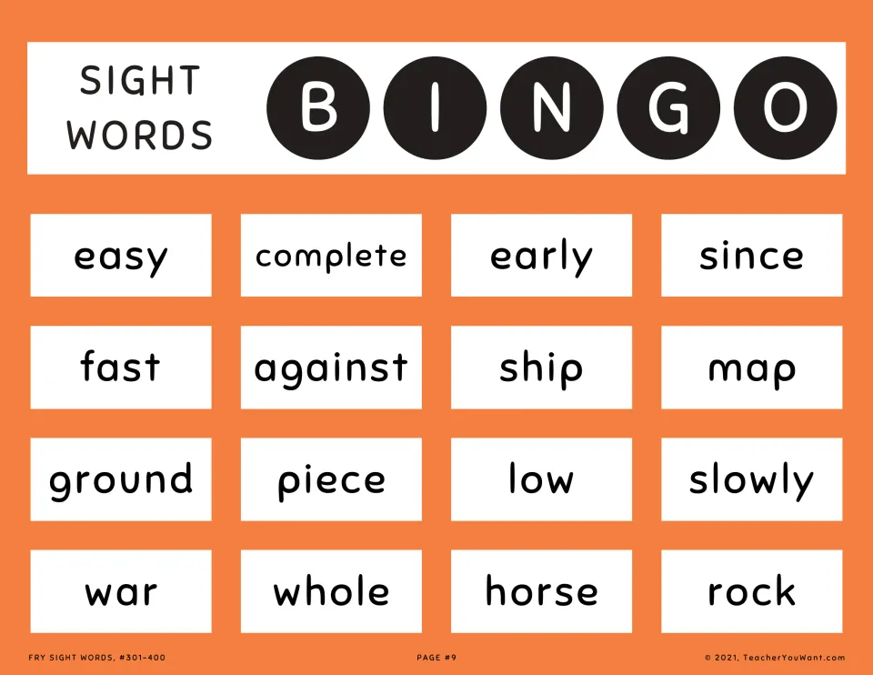 Orange sight word bingo card 9: students spot called words like since, against, ground, slowly and rock