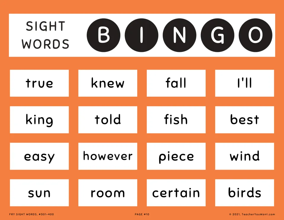 Orange sight word bingo card 10: students mark words read aloud such as knew, king, told, birds and room