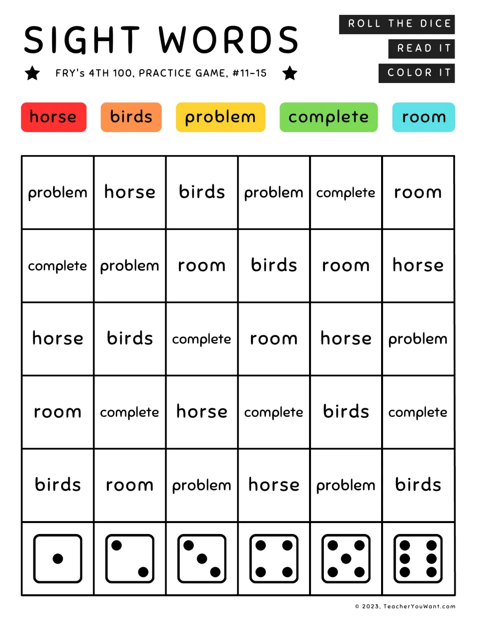 Fry’s sight word practice game 11–15: roll, read, and color horse, birds, problem, complete, and room.