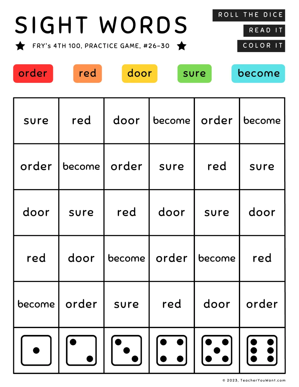 Fry’s sight word practice game 26–30: roll the dice, read, and color order, red, door, sure, and become.