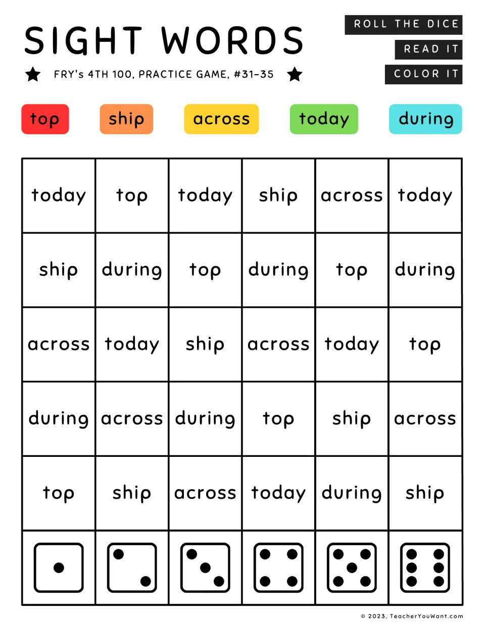 Fry’s sight word practice game 31–35: roll the dice, read, and color top, ship, across, today, and during.