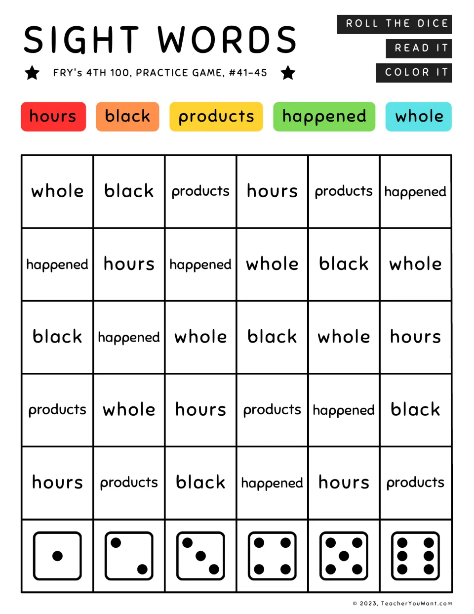 Fry’s sight word practice game 41–45: roll, read, and color hours, black, products, happened, and whole.